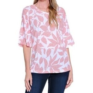 Ali Myles Linen Tunic Floral Lace Inset Sleeve White Coral Women M